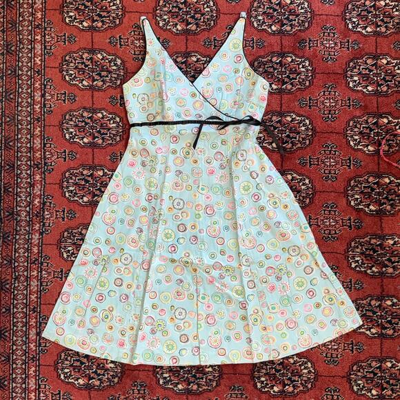 Becky & Max 4 Pale Blue Colorful Circle Print Black Trim Stretch Cotton Sundress - Picture 1 of 6